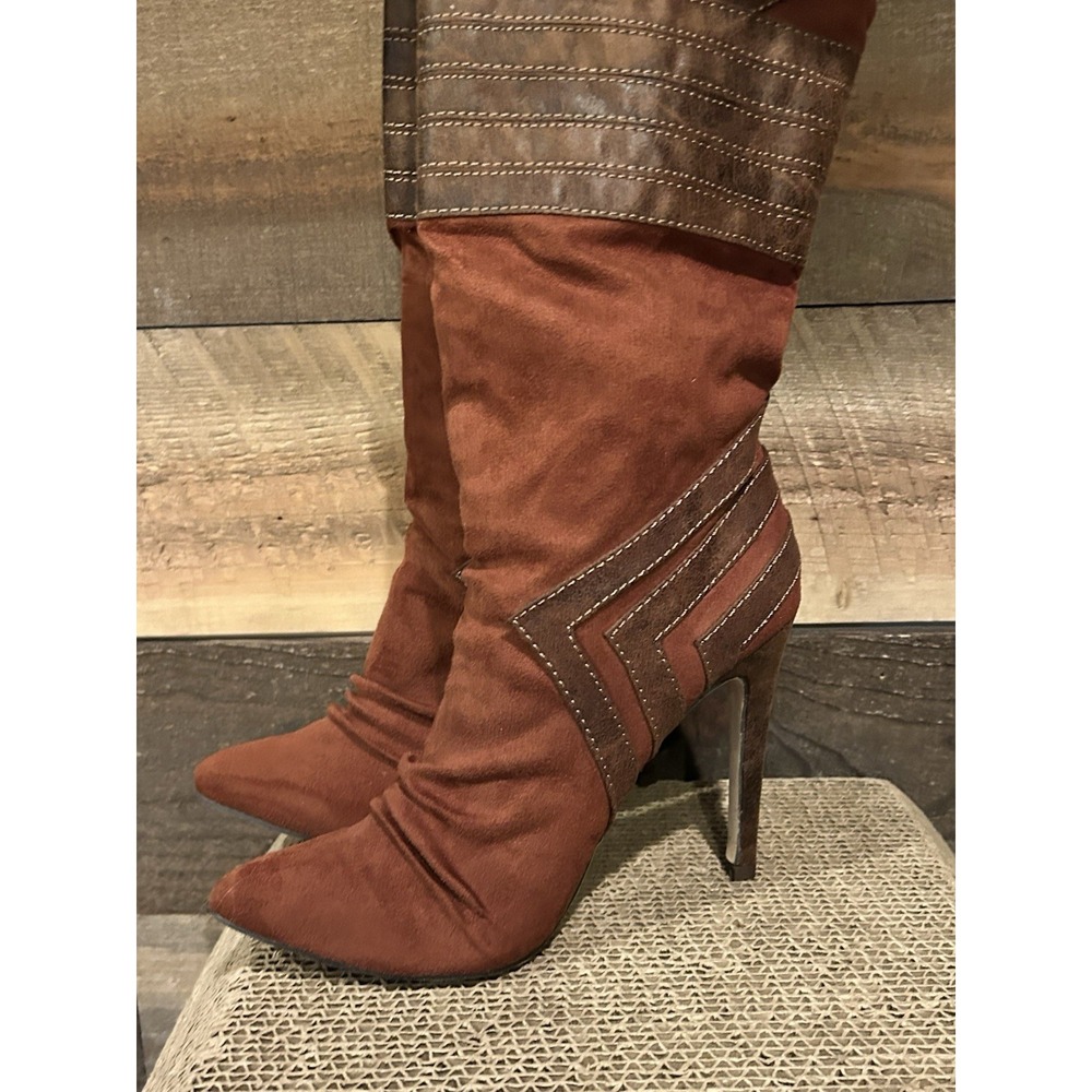 Michael Antonio Knee High‎ Boots Women's 6.5 Tan Faux Leather High Heel - Picture 2 of 9